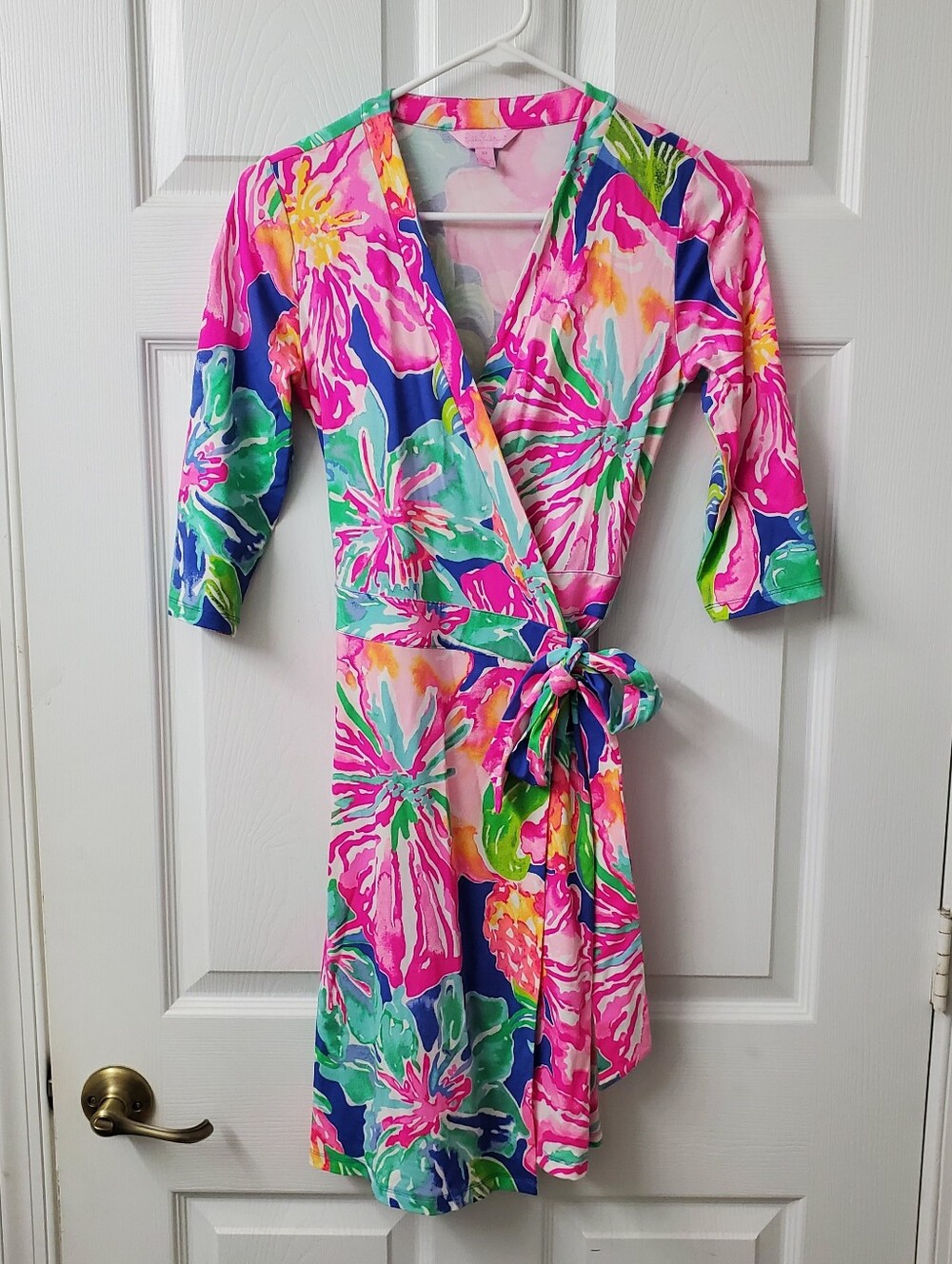 Lilly Pulitzer Women's Vibrant Floral Marvista Wrap Dress With 3/4 Sleeves Sz XS